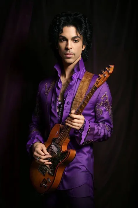 <lora:dapurvk1d_v1.0:0.8>, Full portrait of 1985 singer PRINCE man with long curly hair, holding a purple guitar, (Detailed Face), (seductive eyes:1.1), (highly detailed skin:1.1), smiling, perfect slim body, wearing a stylish purple shirt and pants, sexy pose, Professional Photography, dramatic lighting, Cinematic, PHOTOREALISTIC, Realistic, fog smoke, standing in a dark purple studio background, blurred background, volumetric fog, RAW, analog, sharp focus, 8k, high resolution, DSLR, high quality, Fujifilm XT3, film grain, award winning, masterpiece,  <lora:epiNoiseoffset_v2:1.1>