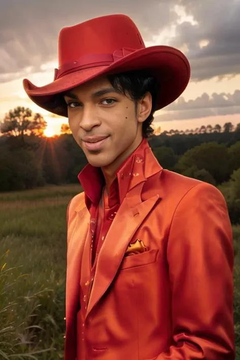 <lora:dapurvk1d_v1.0:0.9>, a photo of 1982 singer PRINCE man, (Detailed Face), (perfect eyes:1.1), (highly detailed skin:1.1), smiling, slim body, wearing a red suit with a red fedora hat, fashion Photography, Cinematic, Dramatic lighting, PHOTOREALISTIC, Realistic, ((dramatic Sunrise)), (standing in a countryside field), thunder clouds in the distance, blurred background, RAW, analog, sharp focus, 8k, high resolution, DSLR, high quality, Fujifilm XT3, grain, award winning, masterpiece,
