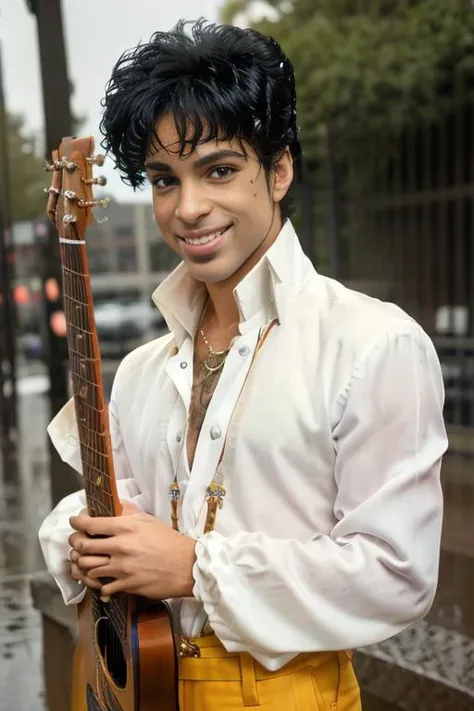 <lora:dapurvk1d_v1.0:0.9>, Full portrait of 1985 singer PRINCE man ((holding a guitar)), (Detailed Face), (seductive eyes:1.1), (highly detailed skin:1.1), ((smiling expression showing teeth)), perfect slim body, wearing a stylish shirt and pants, modelshoot, erotic, Fashion Photography, Epic Cinematic lighting, PHOTOREALISTIC, Realistic, (outdoors, Rain, standing in a street background), blurred background, RAW, analog, sharp focus, 8k, high resolution, DSLR, high quality, Fujifilm XT3, grain, award winning, masterpiece,