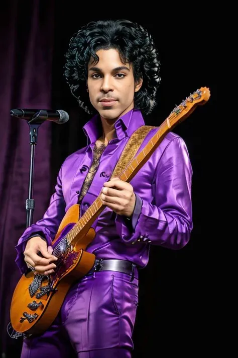 <lora:dapurvk1d_v1.0:0.8>, Full portrait of 1985 singer PRINCE man with long curly hair, holding a purple guitar, (Detailed Face), (seductive eyes:1.1), (highly detailed skin:1.1), smiling, perfect slim body, wearing a stylish purple shirt and pants, sexy pose, Professional Photography, dramatic lighting, PHOTOREALISTIC, Realistic, fog smoke, standing in a dark purple studio background, blurred background, volumetric fog, RAW, analog, sharp focus, 8k, high resolution, DSLR, high quality, Fujifilm XT3, film grain, award winning, masterpiece,