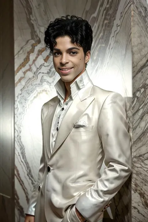 <lora:dapurvk1d_v1.0:0.9>, a full body portrait of 1985 singer PRINCE man wearing a silver suit, (Detailed Face), (perfect eyes:1.1), (highly detailed skin:1.1), (smiling showing teeth:1.2), slim body, Fashion Photography, Cinematic, Dramatic lighting, PHOTOREALISTIC, Realistic, (standing in a dark exotic marble room), RAW, analog, sharp focus, 8k, high resolution, DSLR, high quality, Fujifilm XT3, grain, award winning, masterpiece,