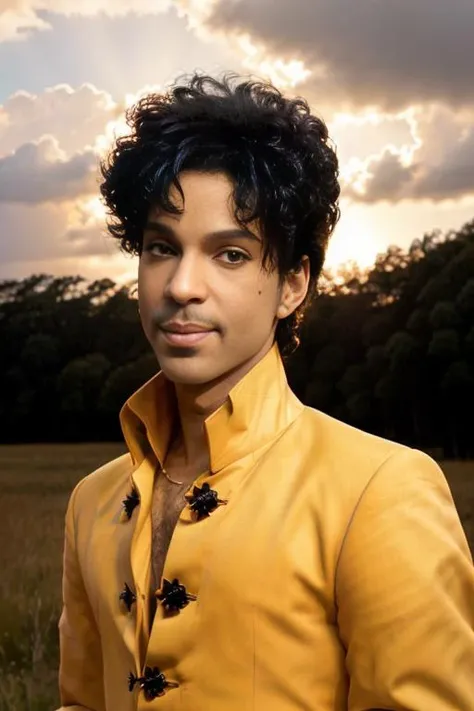 <lora:dapurvk1d_v1.0:0.9>, a photo of 1982 singer PRINCE man dressed as a Renaissance Lord, (Detailed Face), (perfect eyes:1.1), (highly detailed skin:1.1), smiling, slim body, Fashion Photography, Cinematic, Dramatic lighting, PHOTOREALISTIC, Realistic, ((Sunset)), (standing in a country field), thunderclouds in the distance, blurred background, RAW, analog, sharp focus, 8k, high resolution, DSLR, high quality, Fujifilm XT3, grain, award winning, masterpiece,