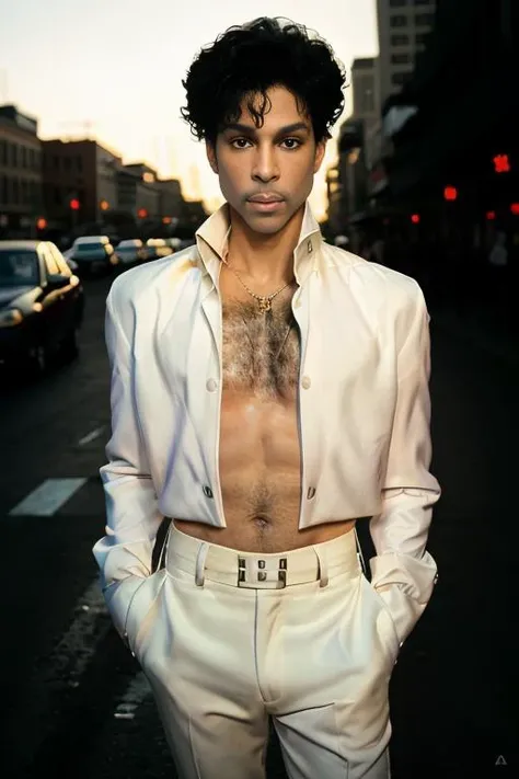 <lora:dapurvk1d_v1.0:0.9>, Full portrait of 1985 singer PRINCE man, (Detailed Face), (seductive eyes:1.1), (highly detailed skin:1.1), perfect slim body, wearing a stylish shirt and pants designed by Versace, modelshoot, erotic, Fashion Photography, Epic Cinematic lighting, PHOTOREALISTIC, Realistic, sunset, (walking in a city street background), blurred background, bokeh lights, RAW, analog, sharp focus, 8k, high resolution, DSLR, high quality, Fujifilm XT3, grain, award winning, masterpiece,