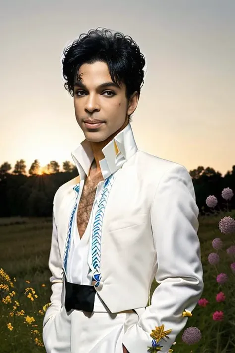 <lora:dapurvk1d_v1.0:0.9>, Full body portrait of 1982 singer PRINCE man, (Detailed Face), (perfect eyes:1.1), (highly detailed skin:1.1), smiling, slim body, wearing a white tuxeto, modelshoot style, Professional Photography, Cinematic, Dramatic lighting, PHOTOREALISTIC, Realistic, Dark Night, ((stars in sky)), (standing in a countryside field with wild flowers background), blurred background, RAW, analog, sharp focus, 8k, high resolution, DSLR, high quality, Fujifilm XT3, grain, award winning, masterpiece,