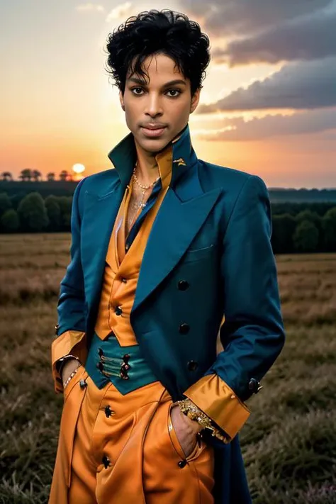<lora:dapurvk1d_v1.0:0.9>, a photo of 1982 singer PRINCE man dressed as a Renaissance Lord, (Detailed Face), (perfect eyes:1.1), (highly detailed skin:1.1), smiling, slim body, Fashion Photography, Cinematic, Dramatic lighting, PHOTOREALISTIC, Realistic, ((Sunrise)), (standing in a countryside field), thunder clouds in the distance, blurred background, RAW, analog, sharp focus, 8k, high resolution, DSLR, high quality, Fujifilm XT3, grain, award winning, masterpiece,