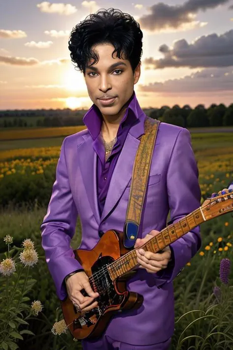 <lora:dapurvk1d_v1.0:0.9>, a photo of 1982 singer PRINCE man, (Detailed Face), (perfect eyes:1.1), (highly detailed skin:1.1), smiling, slim body, wearing a purple suit and playing guitar, fashion Photography, Cinematic, Dramatic lighting, PHOTOREALISTIC, Realistic, ((Stunning Sunrise)), (standing in a countryside field with wild flowers), thunderclouds in the distance, blurred background, RAW, analog, sharp focus, 8k, high resolution, DSLR, high quality, Fujifilm XT3, grain, award winning, masterpiece,
