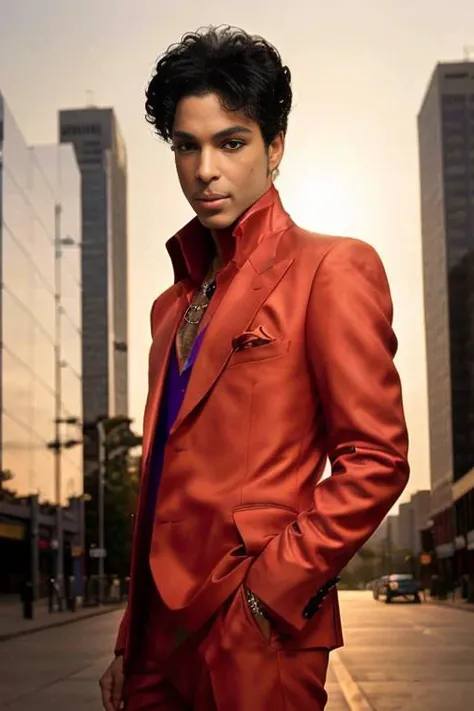<lora:dapurvk1d_v1.0:0.9>, Full portrait of 1985 singer PRINCE man, (Detailed Face), (seductive eyes:1.1), (highly detailed skin:1.1), smile, slim body, wearing a lace suit designed by Versace, modelshoot, erotic, Fashion Photography, Epic Cinematic, Dramatic lighting, PHOTOREALISTIC, Realistic, sunset, (standing in a city street background), blurred background, bokeh lights, RAW, analog, sharp focus, 8k, high resolution, DSLR, high quality, Fujifilm XT3, grain, award winning, masterpiece,