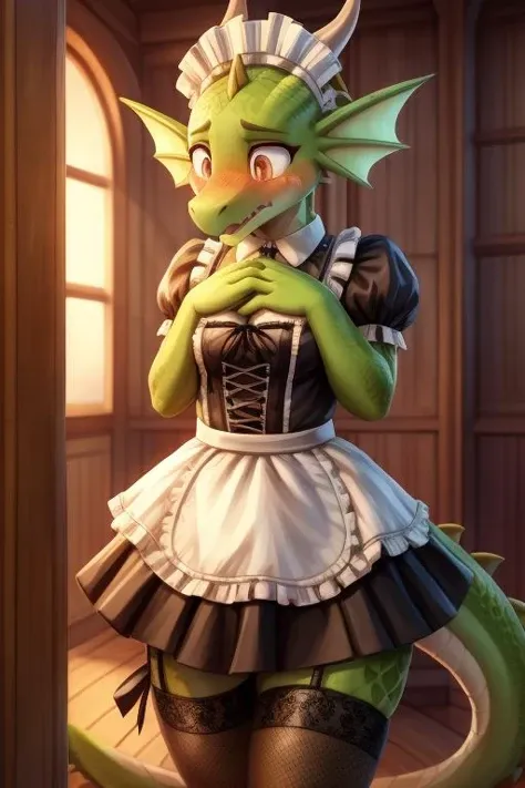 dragon girl wearing maid outfit, skirt, scalie, reptile, embarassed, shy, blush, annoyed, legwear, (lingerie:0.5), ((leg ribbon)), sexy, green skin, (high quality:1.2), masterpiece, detailed, highres, 8k, UHD, sharp focus