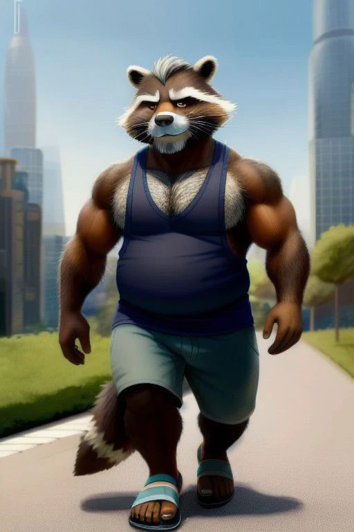 short, solo, anthro, male, bara, furry, rocket raccoon, dad bod, dilf, greying hair, whiskers, raccoon tail, mature male, muscular, brown fur, salt and pepper hair, (chest hair:1.2), (mustache:1.3), elbow tuft, chest tuft, brown eyes, walking, tank top shirt, dad gut, masterpiece, extreme detail, (futuristic city:1.1), outside, park, science fiction, natural light, masculine, sandals, low-cut chest, extreme low-cut dropped side holes