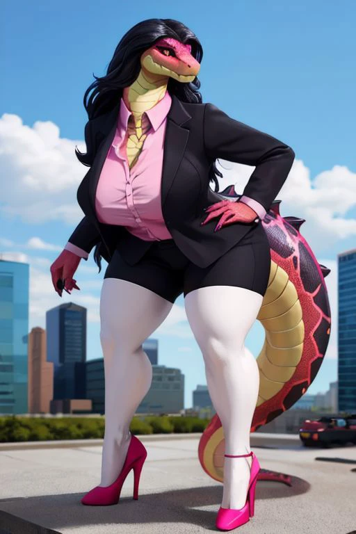 A snake existing as a businesswoman, wearing pink shirt, scaly breast, snake body, macro, wide body, kaiju, red opened blazer, large, long hairs, snake head, solo, milf, high heels, busty, leaning forward, rampaging, short legs, bend legs, photorealistic, snake legs, feral body, fluffy hairs, black hairs, haircut, shortstack, collared shirt, business trouser