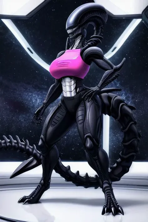 A female xenomorph wearing a pink half trouser and a pink crop top, curvy, busty, xenomorph body, spaceship background, 8k, seductive pose, danger, xenomorph tail, macro zoom