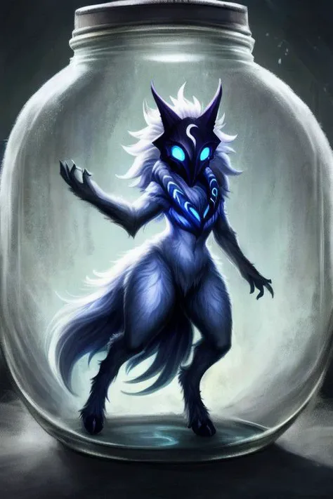 ethereal fantasy concept art of Kindred from League of legends inside a glass jar, female, mask, lamb, fluffy fur, curvy, shrunken,