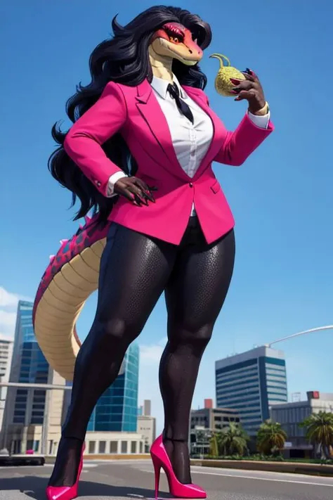 A snake existing as a businesswoman, wearing pink shirt, scaly breast, snake body, macro, wide body, kaiju, red opened blazer, large, long hairs, snake head, solo, milf, high heels, busty, leaning forward, rampaging, short legs, bend legs, photorealistic, snake legs, feral body, fluffy hairs, black hairs, haircut, shortstack, collared shirt, business trouser