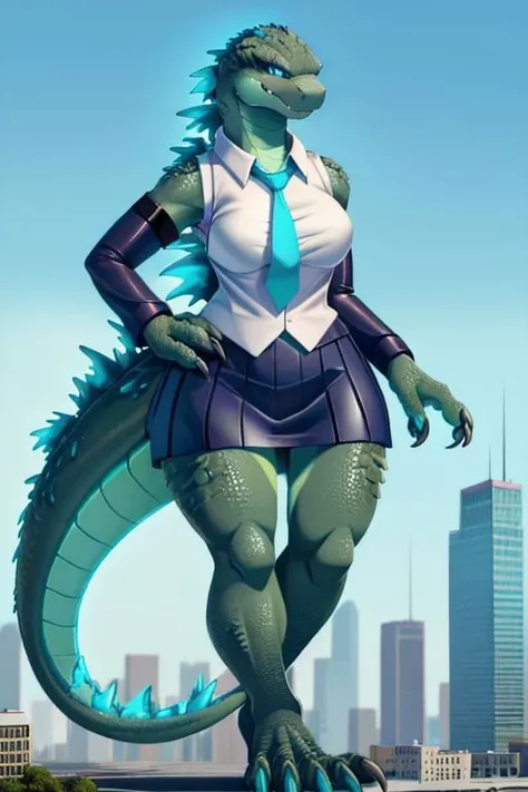 Godzilla wearing the outfit of hatsune miku, pleaated skirt, sleevelesss, pigtails, scaly breast, godzilla body, macro, wide body, kaiju, blue tie, white shirt, large, hatsune miku hairs, godzilla head, solo, blue eyes