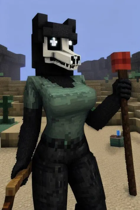 minecraft style scene of SCP-1471-A being a classy square, black fur, fluffy fur, white eyes, mining, mom shirt, confy pants, female, blocky body, holding a pickaxe, minecraft body, mountain background, 3 D