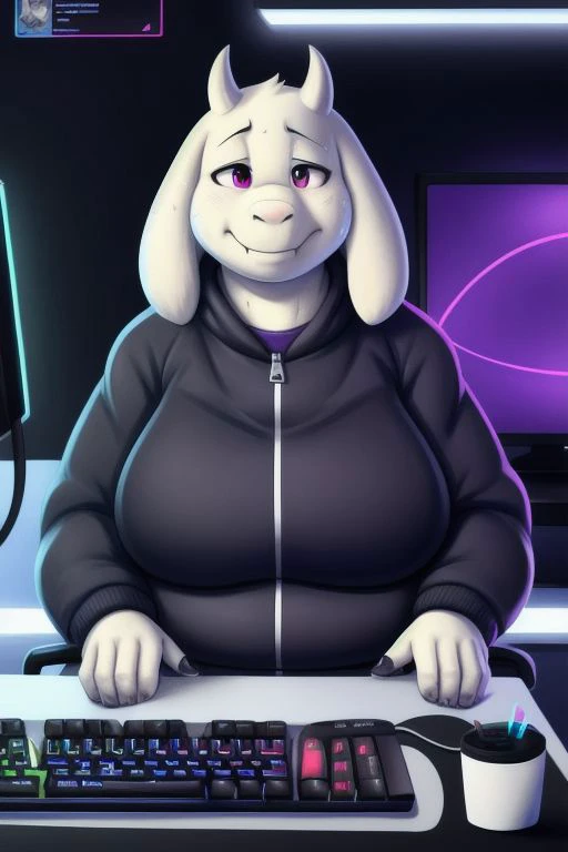 Toriel working as a fat gamer, sitting on gaming chair, fat sweating, health problem, gamer, HD, 8k, gamer outfit, twitch stream ui, modern outfit, unziped jacket sweater, fat face, busty, keyboard, mouse, desktop