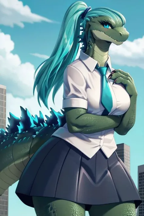 Godzilla wearing the outfit of hatsune miku, pleaated skirt, sleevelesss, pigtails, scaly breast, godzilla body, macro, wide body, kaiju, blue tie, white shirt, large, hatsune miku hairs, godzilla head, solo, blue eyes