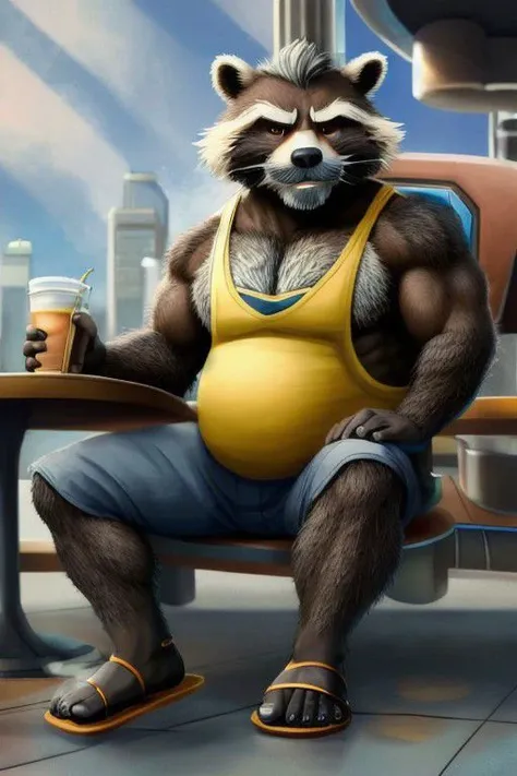 short, solo, anthro, male, bara, furry, rocket raccoon, dad bod, dilf, greying hair, whiskers, raccoon tail, mature male, muscular, brown fur, salt and pepper hair, (chest hair:1.2), (mustache:1.3), elbow tuft, chest tuft, brown eyes, sitting, tank top shirt, dad gut, masterpiece, extreme detail, (futuristic city:1.1), outside, cafe, table, drink, science fiction, natural light, masculine, sandals, low-cut chest, extreme low-cut dropped side holes, toe claws, black feet, black hands