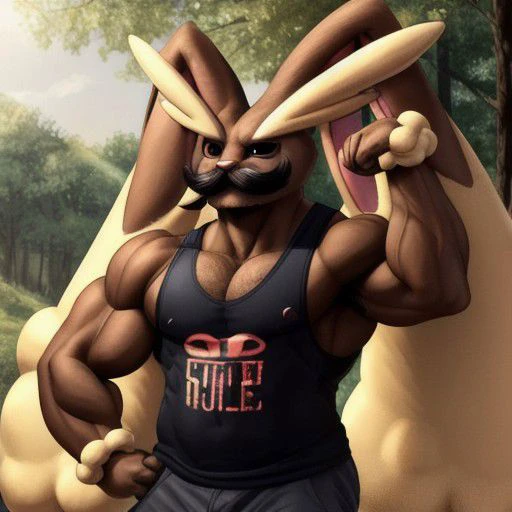 solo, anthro, male, Lopunny, huge muscles, brown fur, lagomorph, brown fur, long ears, (mustache:1.3), dot eyes, grin, buckteeth, standing, flexing, tank top, masterpiece, extreme detail, outside, natural light, masculine