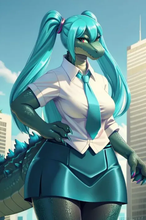 Godzilla wearing the outfit of hatsune miku, pleaated skirt, sleevelesss, pigtails, scaly breast, godzilla body, macro, wide body, kaiju, blue tie, white shirt, large, hatsune miku hairs, godzilla head, solo