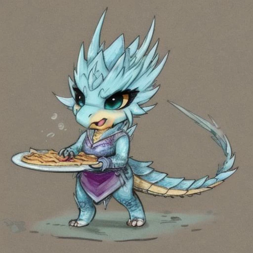 fantasy concept art of velkhana housewife preparing a tartiflette, frozen , chibi, cell shaded, cute, dragon, feminine