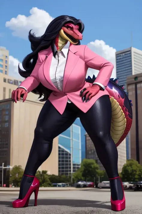 A snake existing as a businesswoman, wearing pink shirt, scaly breast, snake body, macro, wide body, kaiju, red opened blazer, large, long hairs, snake head, solo, milf, high heels, busty, leaning forward, rampaging, short legs, bend legs, photorealistic, snake legs, feral body, fluffy hairs, black hairs, haircut, shortstack, collared shirt, business trouser