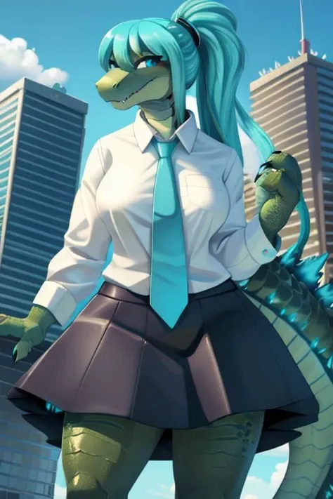 Godzilla wearing the outfit of hatsune miku, pleaated skirt, pigtails, scaly breast, godzilla body, macro, wide body, kaiju, blue tie, sleevelesss white shirt, large, hatsune miku hairs, godzilla head, solo, blue eyes