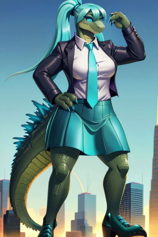 Godzilla wearing the outfit of hatsune miku, pleaated skirt, pigtails, scaly breast, godzilla body, macro, wide body, kaiju, blue tie, sleevelesss white shirt, large, hatsune miku hairs, godzilla head, solo, blue eyes