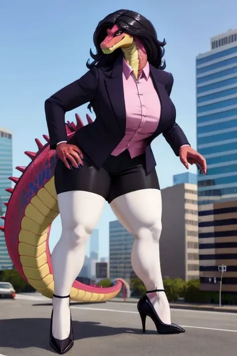 A snake existing as a businesswoman, wearing pink shirt, scaly breast, snake body, macro, wide body, kaiju, red opened blazer, large, long hairs, snake head, solo, milf, high heels, busty, leaning forward, rampaging, short legs, bend legs, photorealistic, snake legs, feral body, fluffy hairs, black hairs, haircut, shortstack, collared shirt, business trouser