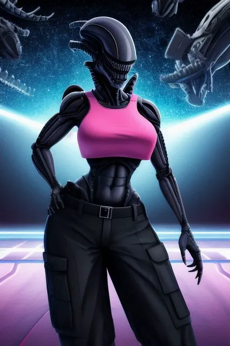 A female xenomorph wearing a pink half trouser and a pink crop top, curvy, busty, xenomorph body, spaceship background, 8k, seductive pose, danger