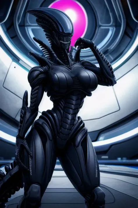 A female xenomorph wearing a pink half trouser and a pink crop top, curvy, busty, xenomorph body, spaceship background, 8k, seductive pose, danger, xenomorph tail