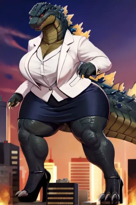 Godzilla existing as a businesswoman, white pencil skirt, sleeveless shirt, scaly breast, godzilla body, macro, wide body, kaiju, red opened blazer, large, long hairs, godzilla head, solo, milf, high heels, busty, leanign forward, rampaging, short legs, bend legs, photorealistic