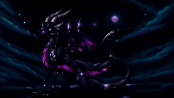 <lora:Cynderverse:1> cynder, cynder young, pink inner, violet skin, neck collar, dragon, dragon wings, scales, <lora:DraconicTech:0.8> draconictech, scifi, obsidian, iridescent, <lora:darkness_v100:0.8> (at night, darkness, no light:1.5) <lora:gloweyes_v100:0.8> glowing eyes