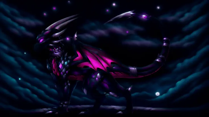 <lora:Cynderverse:1> cynder, cynder young, pink inner, violet skin, neck collar, dragon, dragon wings, scales, <lora:DraconicTech:0.8> draconictech, scifi, obsidian, iridescent, <lora:darkness_v100:0.8> (at night, darkness, no light:1.5) <lora:gloweyes_v100:0.8> glowing eyes