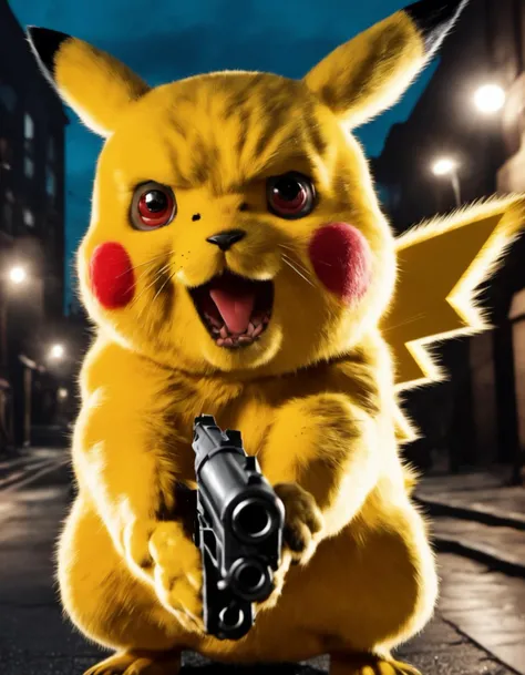 RAW photo, (a small (angry) realistic Pikachu aiming a pistol at the viewer, detailed realistic fur:1.1) streets, <lora:sdxl_photorealistic_slider_v1:2>, outdoors, nighttime, <lora:sdxl_memegun_v2:0.6>,
