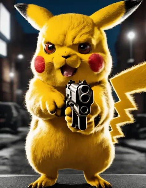 RAW photo, (a small (angry) realistic Pikachu aiming a pistol at the viewer, detailed realistic fur:1.1) streets, <lora:sdxl_photorealistic_slider_v1:2>, outdoors, nighttime, <lora:sdxl_memegun_v2:0.6>,