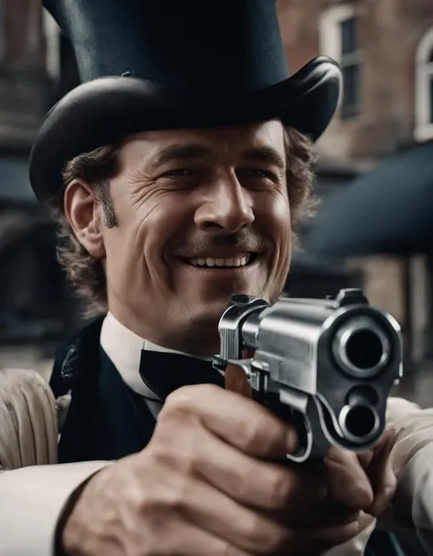 a smiling Victorian man aiming a pistol at the viewer, looking at the viewer, London, (sharp focus:1.2), extremely detailed, (photorealistic:1.4), (RAW image, 8k high resolution:1.2), RAW candid cinema, 16mm, color graded Portra 400 film, ultra realistic, cinematic film still, subsurface scattering, ray tracing, (volumetric lighting), <lora:sdxl_memegun_v2-step00001500:0.9>