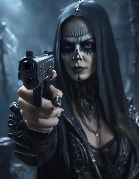 photo realistic, ultra details, natural light ultra detailed portrait of a female necromancer woman aiming a pistol at the viewer with one hand, perfect nails painted black, skeleton face volumetric fog, Hyperrealism, breathtaking, ultra realistic, ultra detailed, cyber background, cinematic lighting, highly detailed, breathtaking, photography, stunning environment, wide-angle", "text_l": "photo realistic, ultra details, natural light ultra detailed portrait of a female necromancer woman aiming a pistol at the viewer, skeleton face volumetric fog, Hyperrealism, breathtaking, ultra realistic, ultra detailed, cyber background, cinematic lighting, highly detailed, breathtaking, photography, stunning environment, wide-angle, <lora:sdxl_memegun_v2-step00001500:0.9>