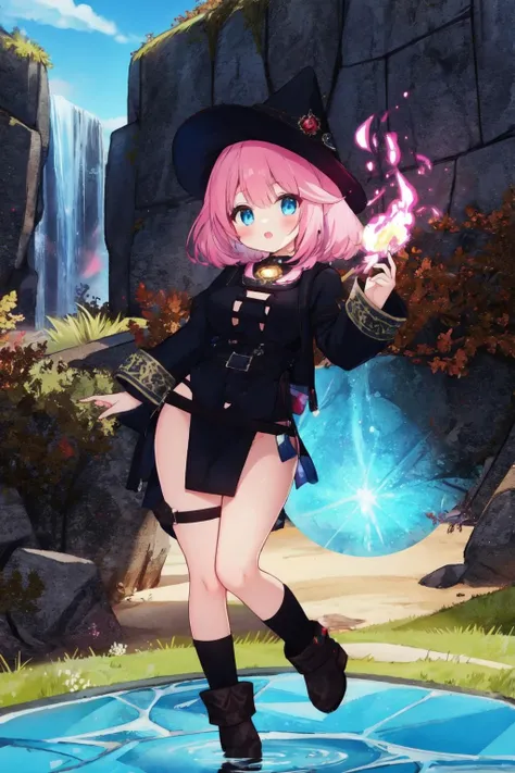 black mage outfit,(black clothes:1.3), 1girl,pink hair, medium hair, blue eyes, alchemy, (best quality, masterpiece) <lora:sexymageoutfit_v1:1>