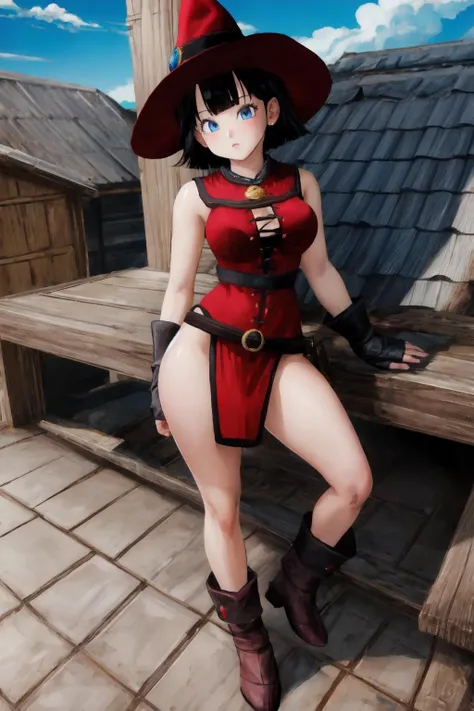 red mage outfit, videl,black hair, short hair, blue eyes, rooftop, red witch hat, (best quality, masterpiece) <lora:sexymageoutfit_v1:1> <lora:adultvidel_v1:1>