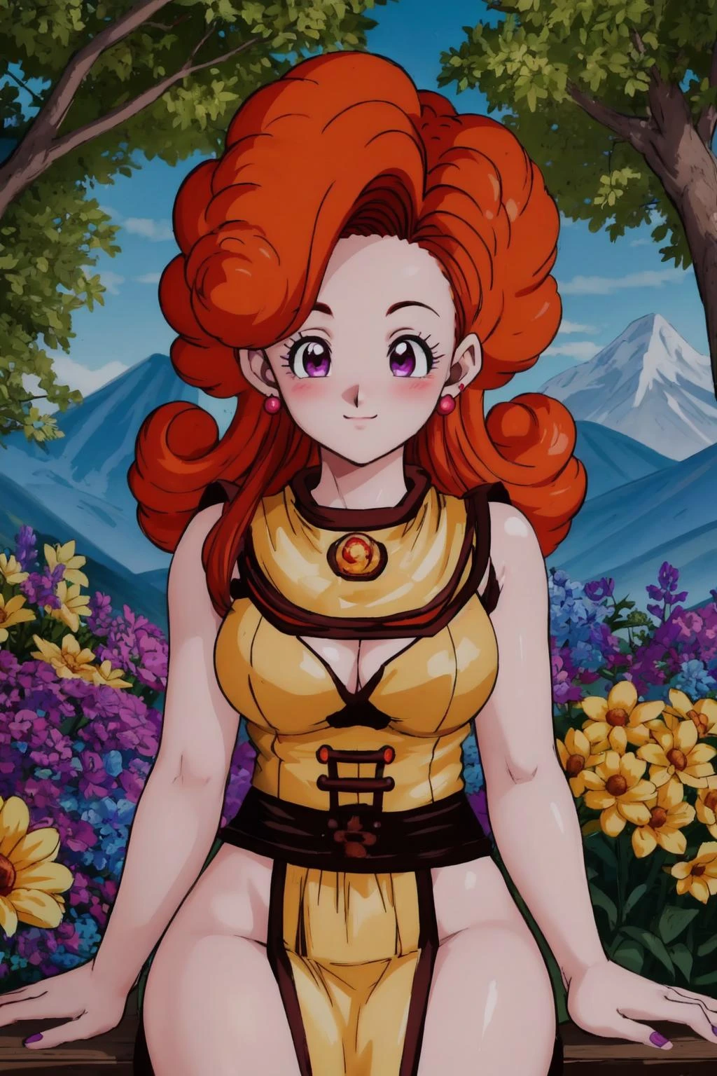 yellow mage outfit, angela, anime coloring, 1girl, solo,(curly hair:1.2), orange hair, purple eyes,yellow shirt,strapless,yellow pelvic curtain,yellow tabard,long hair,,sitting, slight smile,blush, red pearl earrings,(hair behind ear:1.4),arm support,flowers, forest, mountain,(sleeveless),cleavage,(best quality, masterpiece) <lora:cocoangela_v1:1> <lora:sexymageoutfit_v1:1>