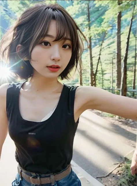 thin 1girl Kobi<lora:Kobi:0.8> ,short fluffy hair, (part lip), dance onMountain Peak , upper body, wideangle, lens flare, <lora:Solar_Flare_V3:0.3>