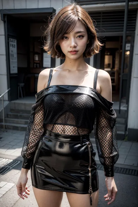 (realistic:1.3), finely detailed, quality, rembrandt lighting, (masterpiece:1.2), (photorealistic:1.2), (best quality), (detailed skin:1.3), (intricate details), dramatic, ray tracing, 1girl, japanese girl, 21 years old, detailed skin texture, (blush:0.5), (goosebumps:0.5), subsurface scattering, smiling, medium breasts, short hair curls, bangs, hair between eyes, jacket, open jacket, fishnet top, leather skirt, cowboy shot, (bright sunny day), <lora:fishnet_top by goofy ai:1>