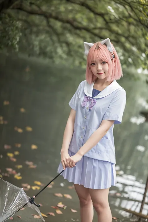 masterpiece, best quality,<lora:jiner:0.8>,1girl,solo, pink hair, umbrella, animal ears, skirt, school uniform, cat ears, bag, cosplay, realistic, outdoors, looking at viewer, holding, bow, holding umbrella, serafuku, standing