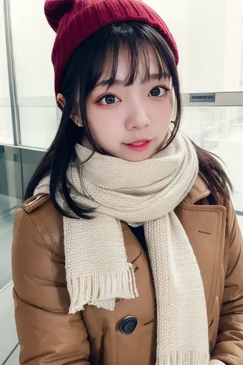 masterpiece, best quality,<lora:jiner:0.8>,1girl, solo, black hair, scarf, hat, realistic, looking at viewer, black eyes, long hair, coat, winter clothes, white scarf, lips, bangs, outdoors, closed mouth, upper body