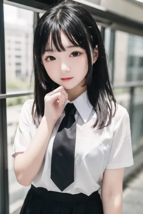 masterpiece, best quality,<lora:jiner:0.8>,1girl,solo,bangs,upper body, necktie, looking at viewer, long hair, shirt, black eyes, short sleeves, blurry background, blurry, upper body, white shirt, black necktie