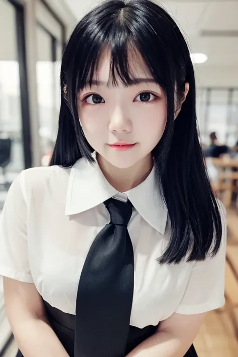 masterpiece, best quality,<lora:jiner:0.8>,1girl,solo,bangs,upper body, necktie, looking at viewer, long hair, shirt, black eyes, short sleeves, blurry background, blurry, upper body, white shirt, black necktie