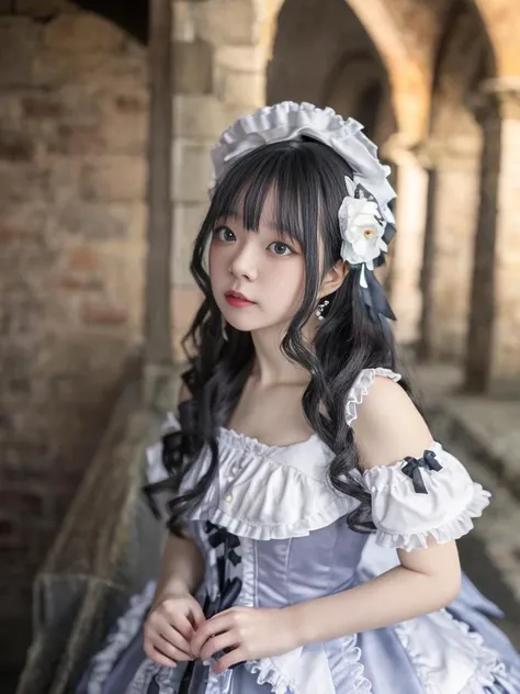 ((small breast)),huge_filesize,colorful,ultra-detailed,masterpiece,dusk,an extremely delicate and beautiful girl,an extremely delicate and beautiful,beautiful detailed eyes,upper_body,gothic_lolita,bare_shoulders,gothic,lolita_fashion,castle,(A thin body type),looking back,Round face