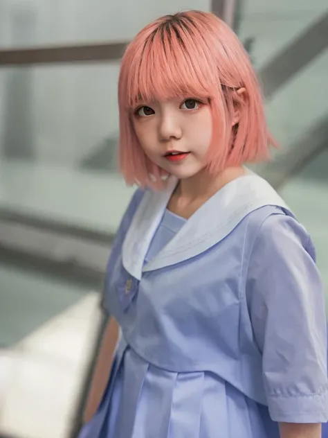 huge_filesize, colorful, 1girl, solo, upper_body, an extremely delicate and beautiful girl, Pink hair., short hair, bangs, photo, an extremely delicate and beautiful, real, beautiful detailed girl, small breast, finely detail, Depth of fiel, JK, Dark blue school uniform, looking at viewer, White collar, <lora:wanghan:1.15>