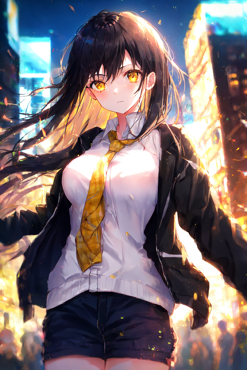 Anime girl with long hair and yellow tie in city - SeaArt AI